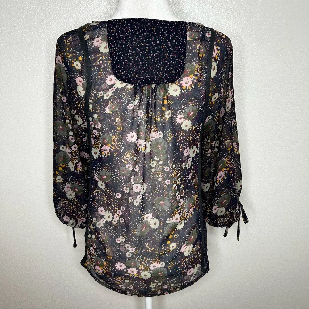 ZARA Womens Navy Blue Floral Chiffon Front Tie Top Balloon Sleeve Size XS/ S - Picture 7 of 10
